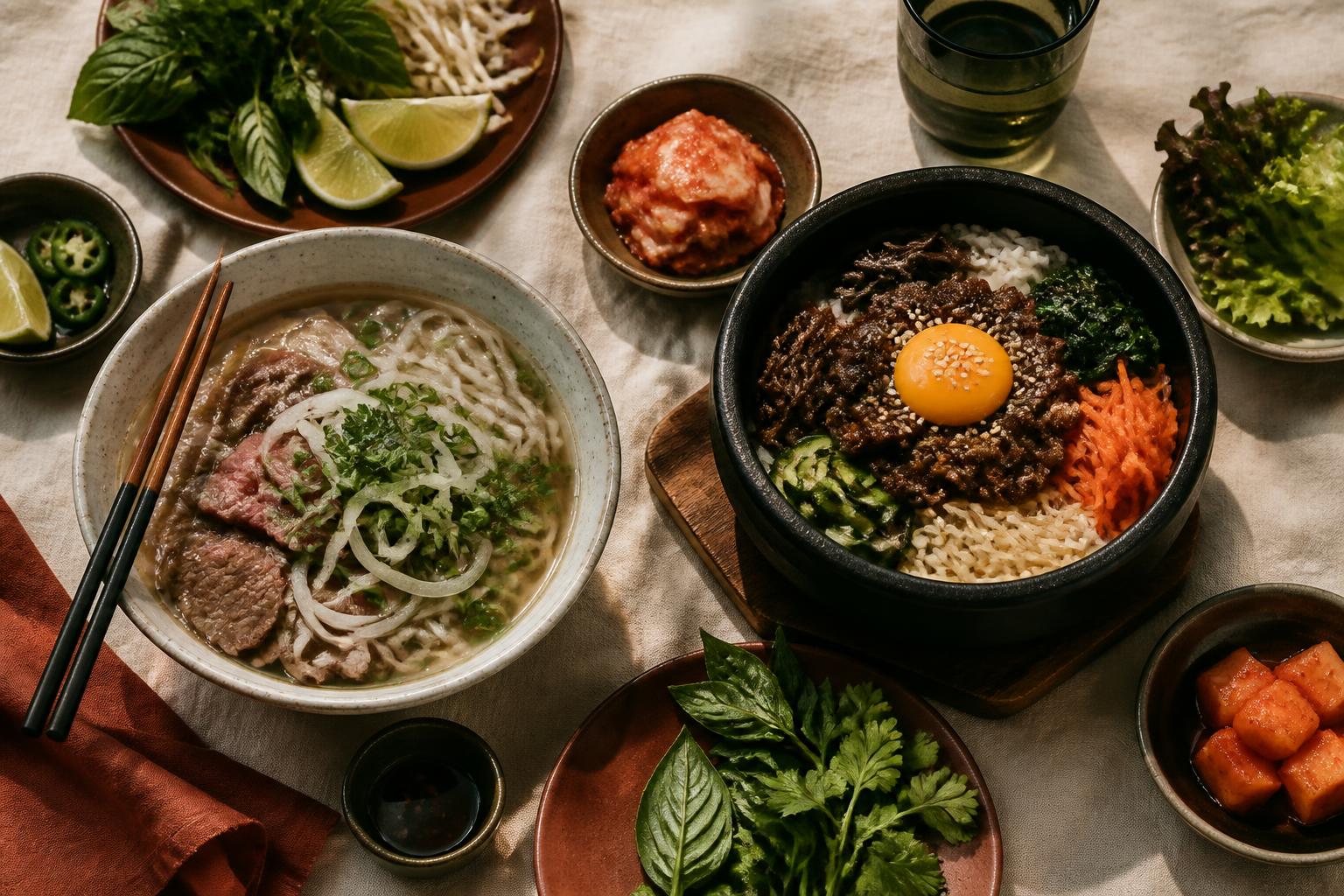 Phở and bibimbap served side by side on a warm linen table
